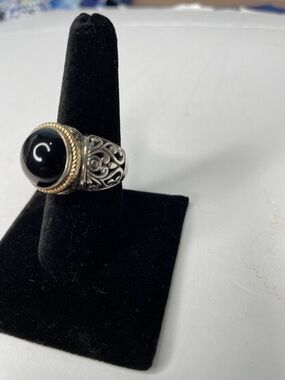 Black Onyx/ Agate Cabochon Silver Ring with 14K Gold Accents Size 8.5 AE